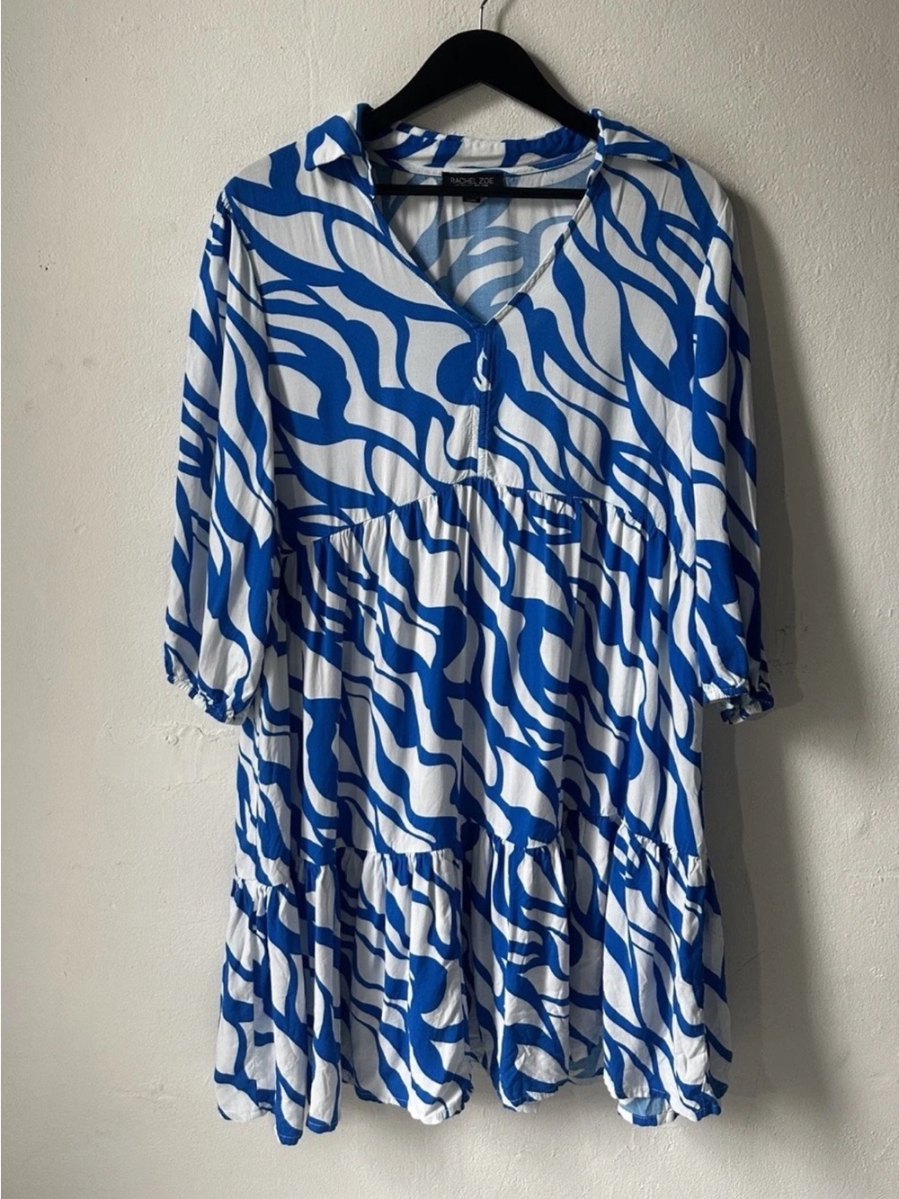 Rachel Zoe XL Blue White Abstract Print Tiered Mini Dress 3/4 Sleeve Rayon Boho